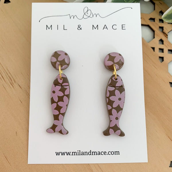 Chocolate Brown and Pink Polymer Clay Dangle Earrings