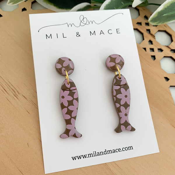 Chocolate Brown and Pink Polymer Clay Dangle Earrings