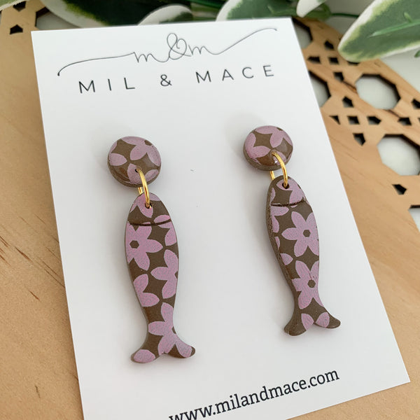 Chocolate Brown and Pink Polymer Clay Dangle Earrings