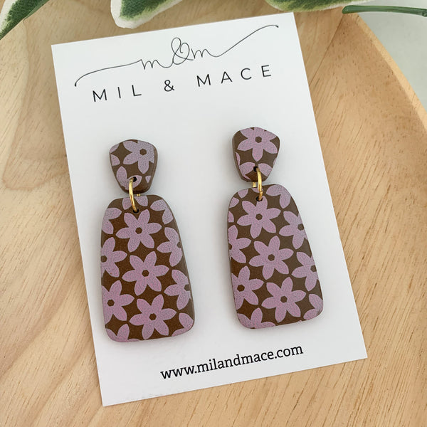 Chocolate Brown and Pink Polymer Clay Dangle Earrings