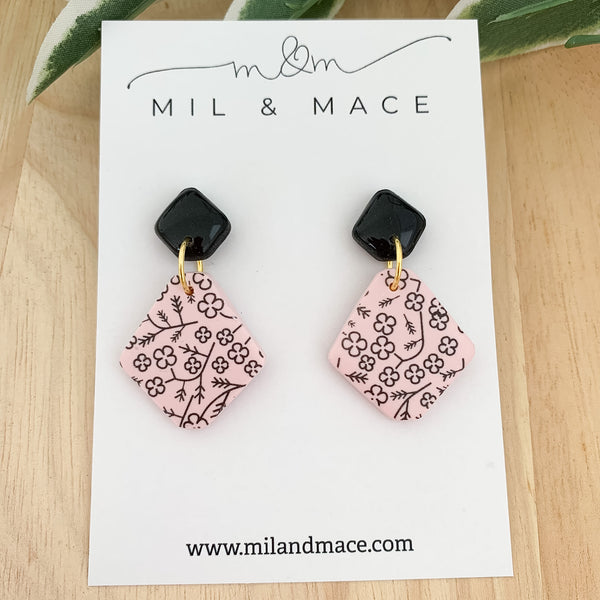 Pink and Black Floral Polymer Clay Dangle Earrings
