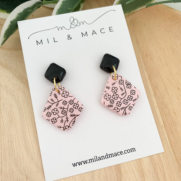 Pink and Black Floral Polymer Clay Dangle Earrings
