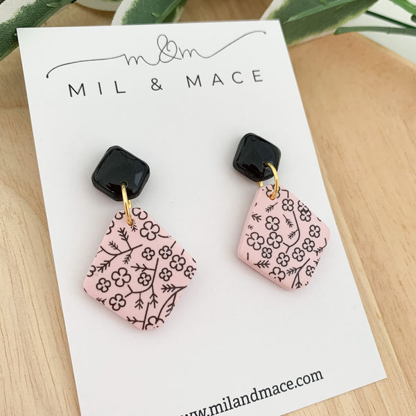 Pink and Black Floral Polymer Clay Dangle Earrings