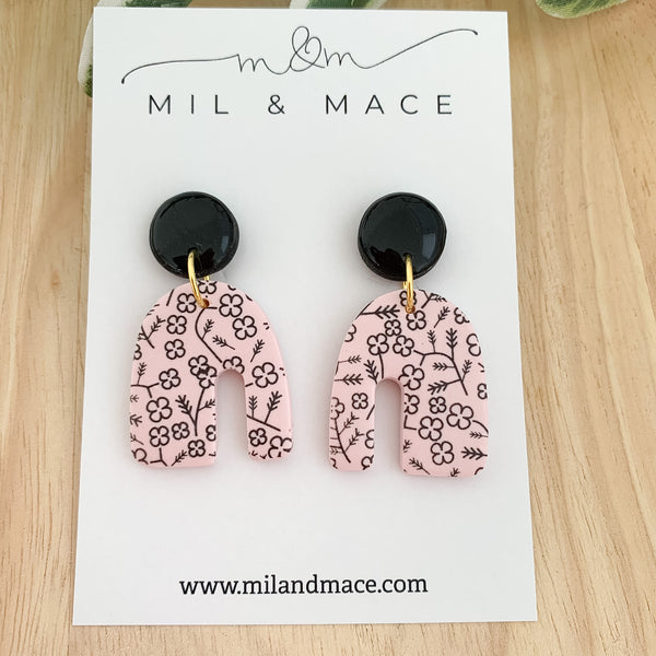 Pink and Black Floral Polymer Clay Dangle Earrings