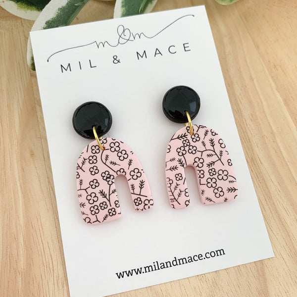 Pink and Black Floral Polymer Clay Dangle Earrings