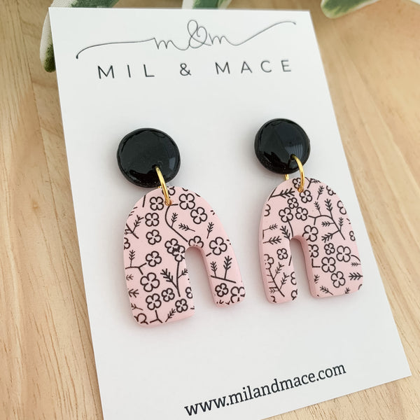 Pink and Black Floral Polymer Clay Dangle Earrings