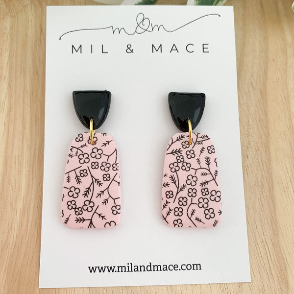 Pink and Black Floral Polymer Clay Dangle Earrings