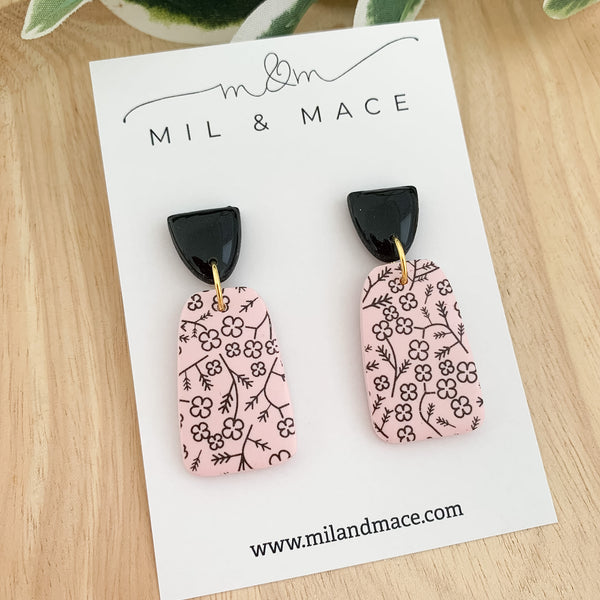 Pink and Black Floral Polymer Clay Dangle Earrings