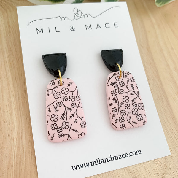 Pink and Black Floral Polymer Clay Dangle Earrings