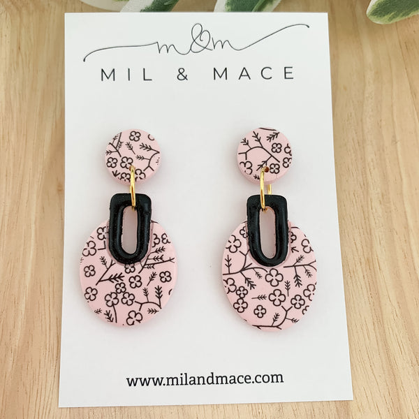 Pink and Black Floral Polymer Clay Dangle Earrings