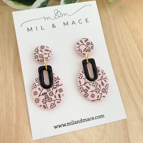 Pink and Black Floral Polymer Clay Dangle Earrings