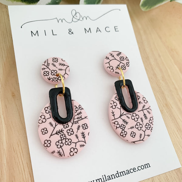Pink and Black Floral Polymer Clay Dangle Earrings