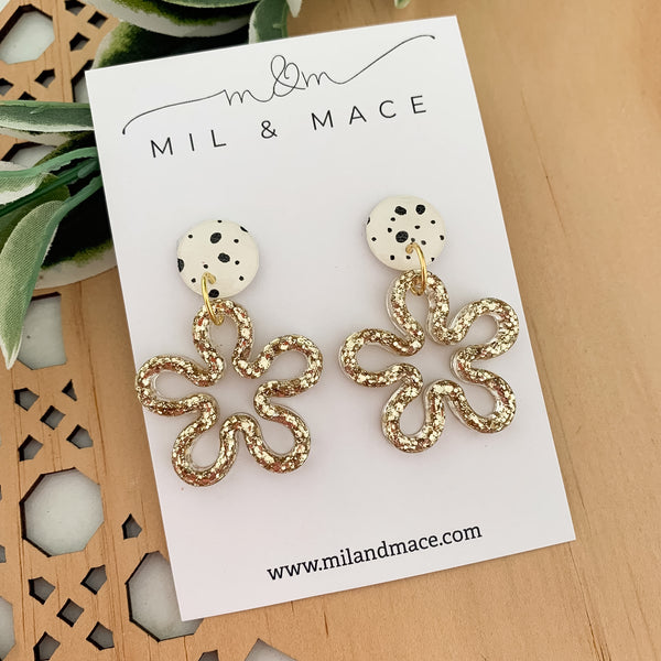 Gold Glitter Resin Flower Dangle Earrings