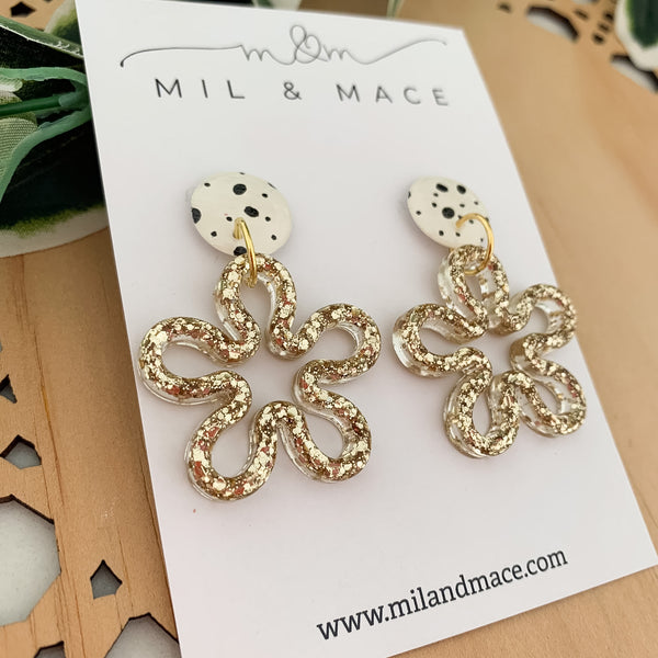 Gold Glitter Resin Flower Dangle Earrings