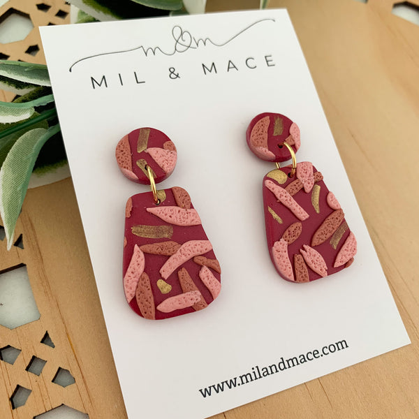 Maroon and Pink Layer Polymer Clay Dangle Earrings