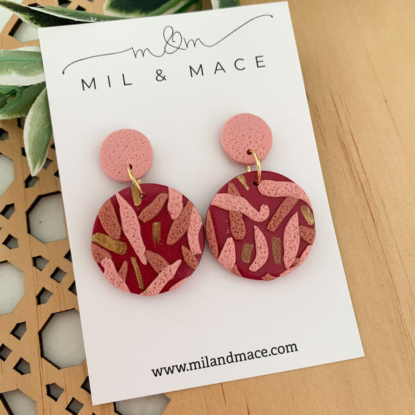 Maroon and Pink Layer Polymer Clay Dangle Earrings