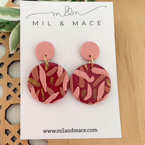 Maroon and Pink Layer Polymer Clay Dangle Earrings