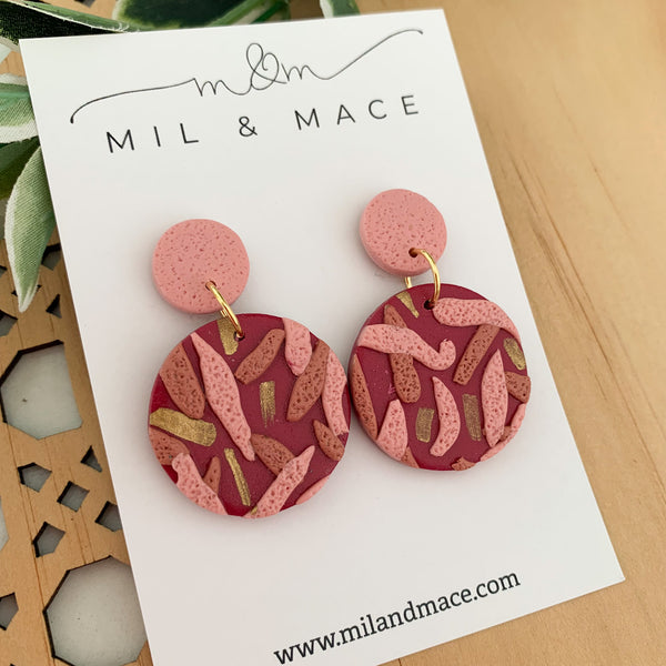 Maroon and Pink Layer Polymer Clay Dangle Earrings