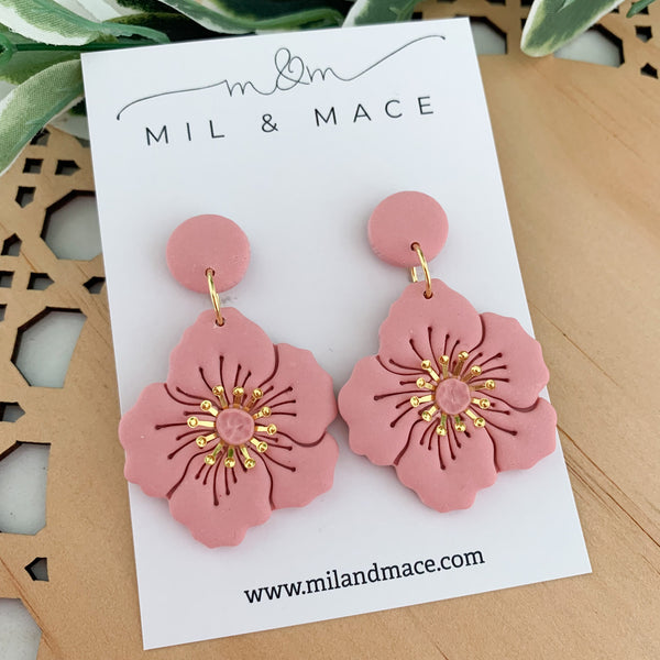 Flowers with Gold Centre Polymer Clay Dangle Earrings