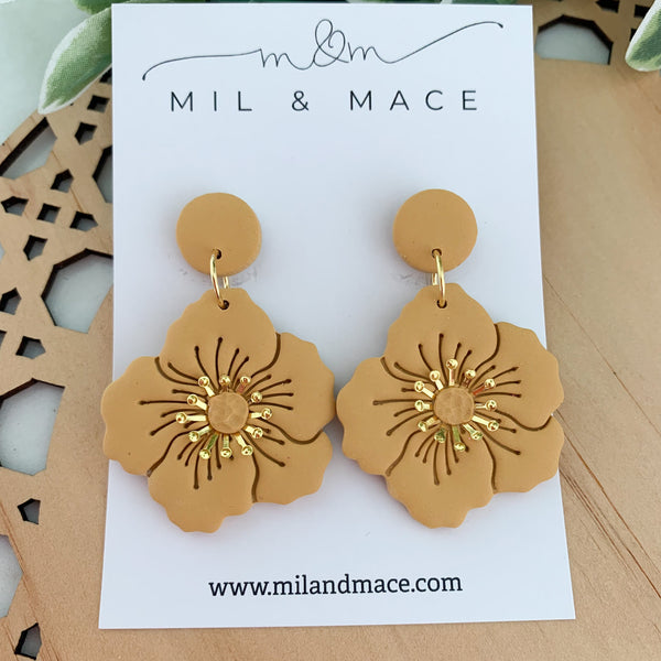 Flowers with Gold Centre Polymer Clay Dangle Earrings
