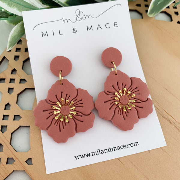 Flowers with Gold Centre Polymer Clay Dangle Earrings