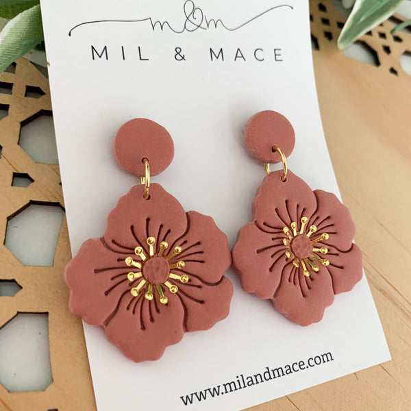 Flowers with Gold Centre Polymer Clay Dangle Earrings