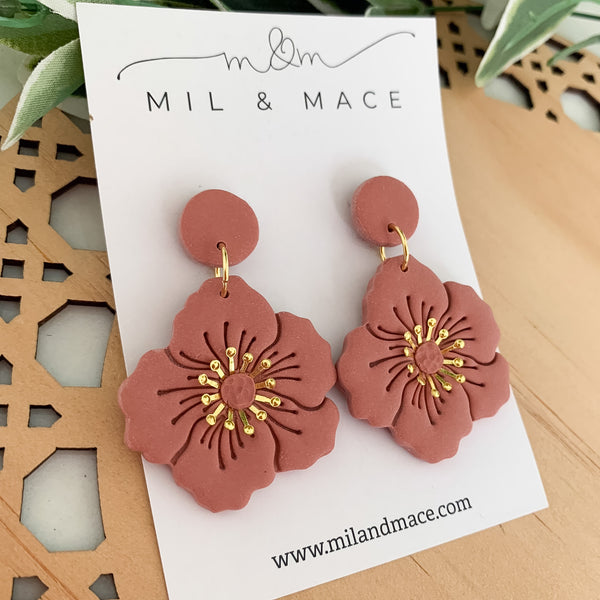 Flowers with Gold Centre Polymer Clay Dangle Earrings