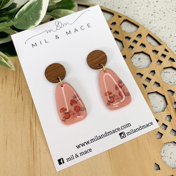 Boho Inspired Pink Polymer Clay and Resin Dangle Earrings