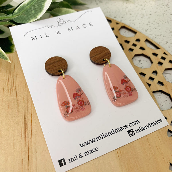 Boho Inspired Pink Polymer Clay and Resin Dangle Earrings