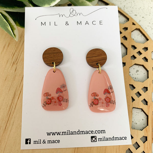 Boho Inspired Pink Polymer Clay and Resin Dangle Earrings