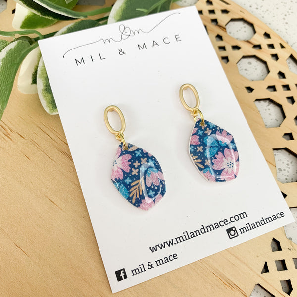 Pink and Blue Floral Polymer Clay and Resin Dangle Earrings