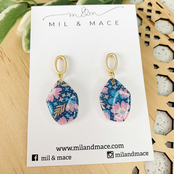 Pink and Blue Floral Polymer Clay and Resin Dangle Earrings