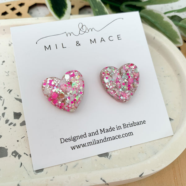 Hearts Resin and Glitter Stud Earrings