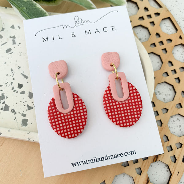 Valentine Pink and Red Grid Polymer Clay Dangle Earrings