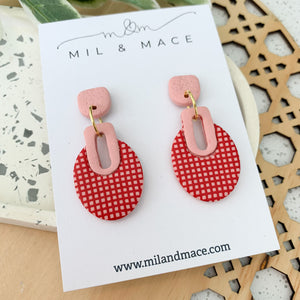 Valentine Pink and Red Grid Polymer Clay Dangle Earrings