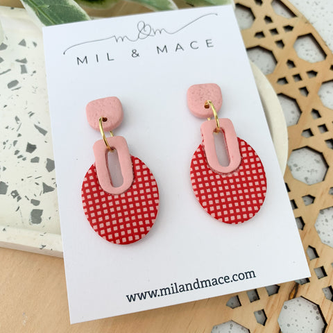 Valentine Pink and Red Grid Polymer Clay Dangle Earrings