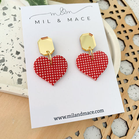 Valentine Pink and Red Grid Polymer Clay Heart Dangle Earrings