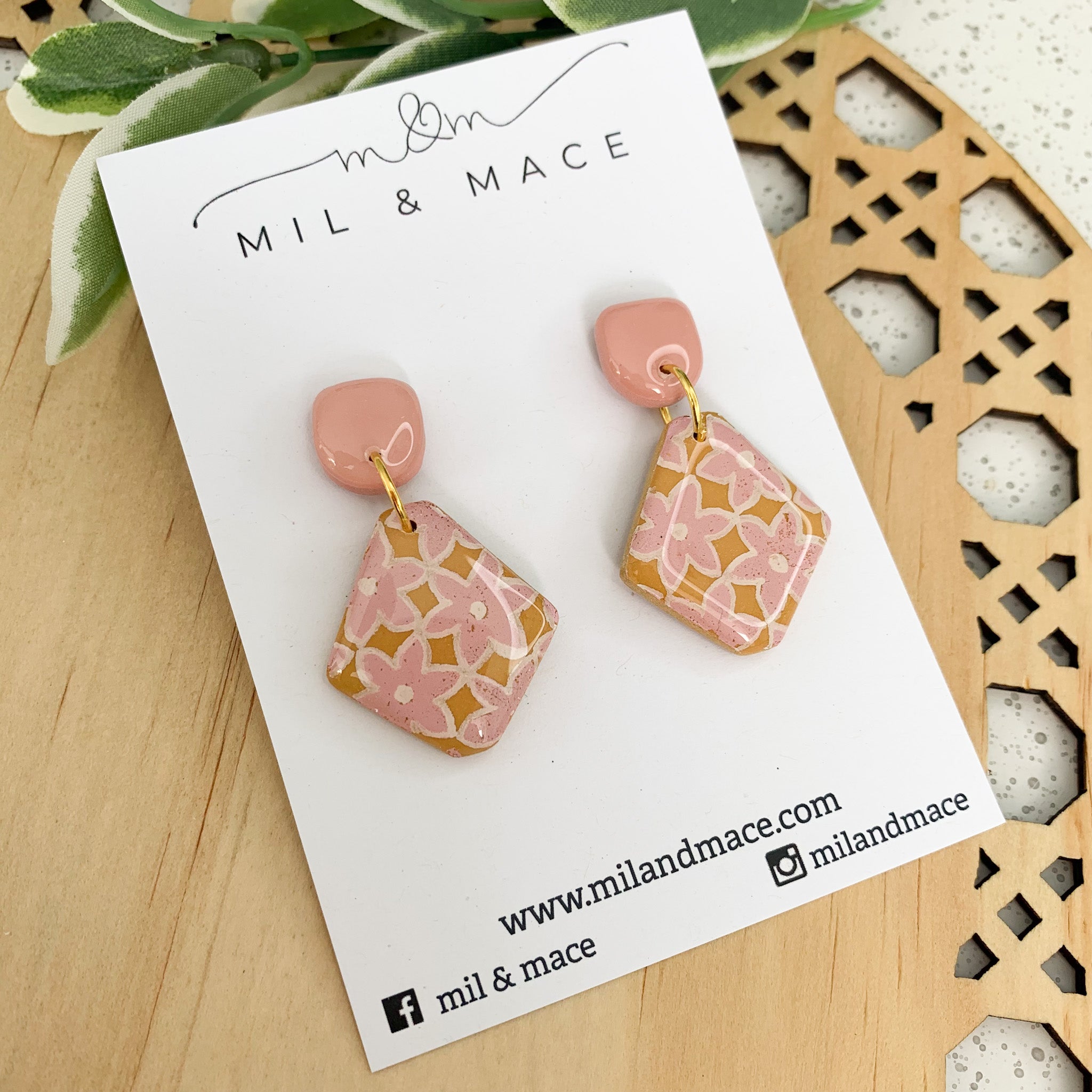 Mustard and Pink Polymer Clay and Resin Dangle Earrings