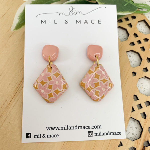 Mustard and Pink Polymer Clay and Resin Dangle Earrings