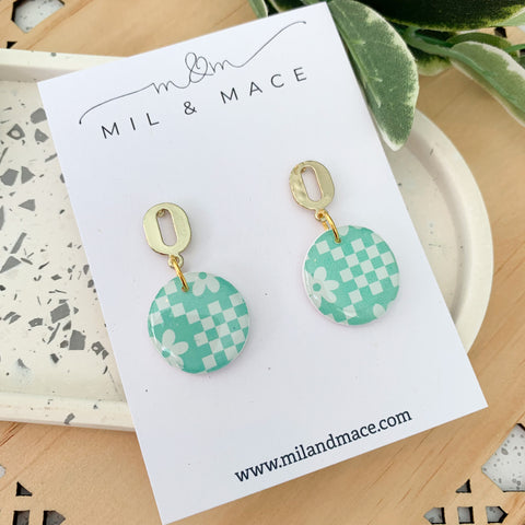 Green and White Retro Floral Polymer Clay Dangle Earrings with resin finish