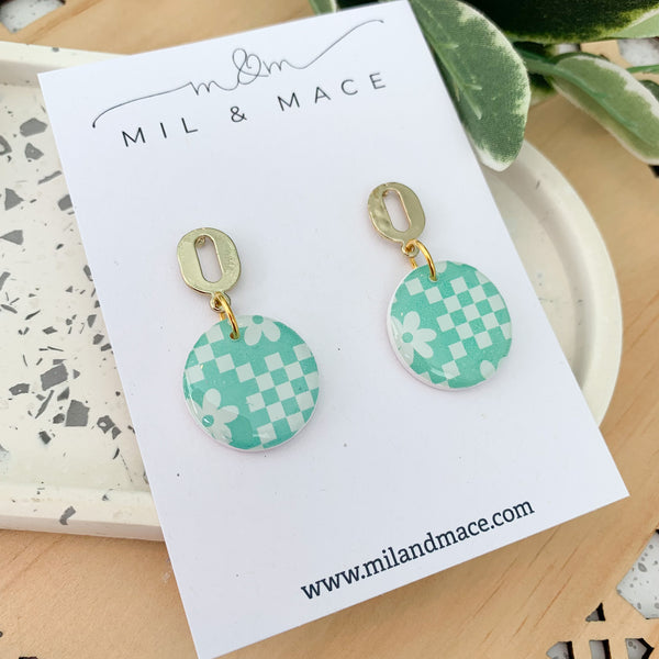 Green and White Retro Floral Polymer Clay Dangle Earrings with resin finish