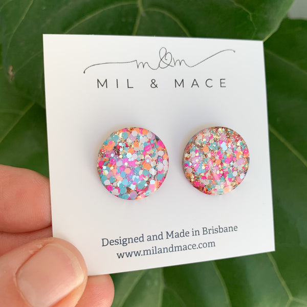 20mm Resin Neon and Gold Stud Earrings