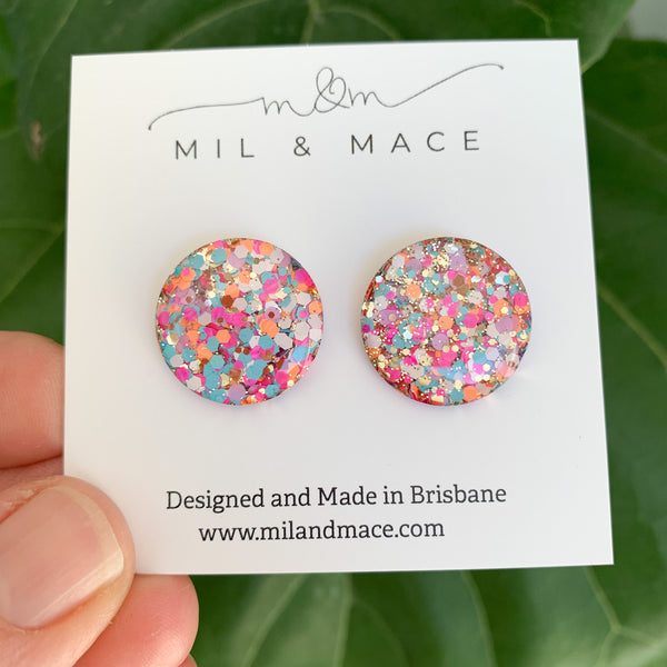 20mm Resin Neon and Gold Stud Earrings