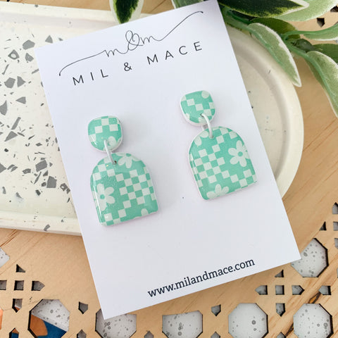 Green and White Retro Floral Polymer Clay Dangle Earrings with resin finish