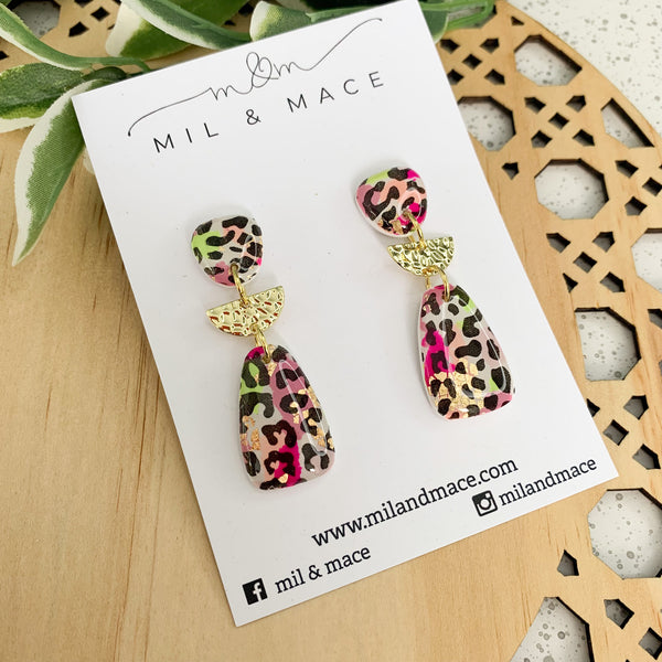 Leopard Polymer Clay and Resin Dangle Earrings