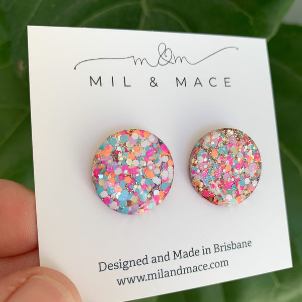 20mm Resin Neon and Gold Stud Earrings