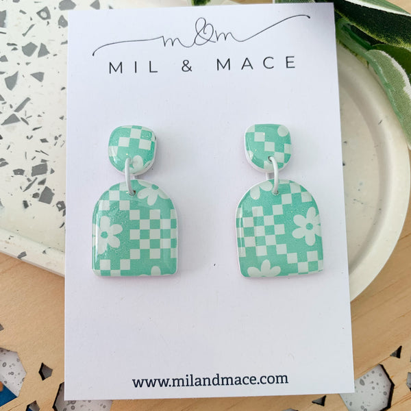 Green and White Retro Floral Polymer Clay Dangle Earrings with resin finish