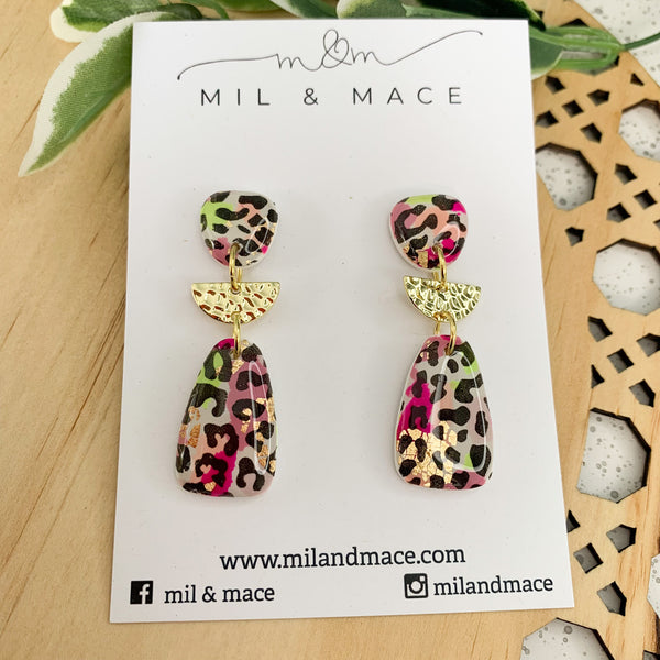 Leopard Polymer Clay and Resin Dangle Earrings