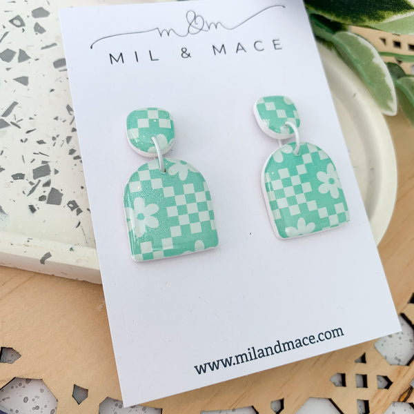 Green and White Retro Floral Polymer Clay Dangle Earrings with resin finish