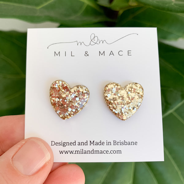Heart Resin and Glitter Gold Stud Earrings